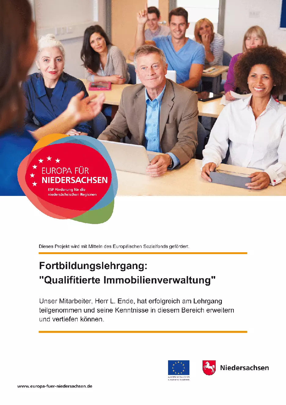 Zertifikat Fortbildungslehrgang Qualifizierte Immobilienverwaltung, Europa für Niedersachsen, Land Niedersachsen